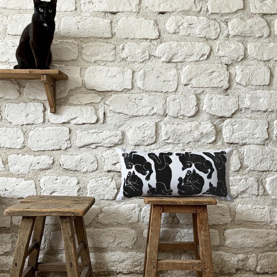 Rectangular Black Cat Pillow, Block Printed Cat Motif Pillow, Funny Cat ...