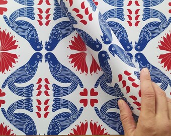 folk art wrapping paper, Greek folk art gift paper, colorful bird motif gift wrap, blue and red wrapping paper, Greek pattern gift wrap