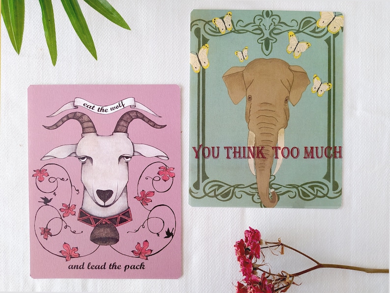elephant spirit animal card collection pop surrealism inspirational quote stationery retro Lowbrow animal portrait postcard set goat