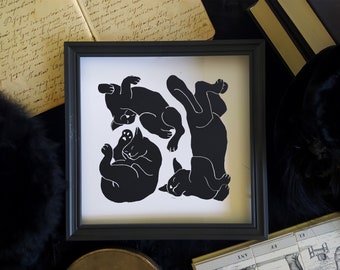 original schwarzer Katzen Linolschnitt, quadratischer Linolschnitt von schlafenden Katzen, Katzen Linoldruck, Katzen Illustration