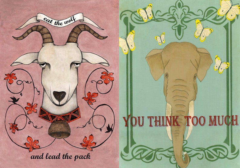 elephant spirit animal card collection pop surrealism inspirational quote stationery retro Lowbrow animal portrait postcard set goat