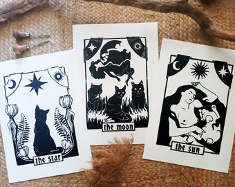 Dark Triad - mystische Original Linolschnittdruck Set, The Sun, The Moon and The Star witchy Tarot Karten inspirierte Linolschnitte, okkulte Katzen