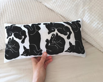 rectangular cat pillow, hand printed black cat motif pillow, ready filled  pillow, cat pattern cushion,funny sleeping cat poses throw pillow