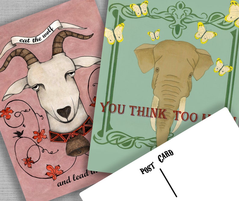 elephant spirit animal card collection pop surrealism inspirational quote stationery retro Lowbrow animal portrait postcard set goat