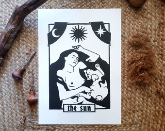 The  Sun or 'After the Sabbath', mystical original linocut of woman and cat basking under the sun