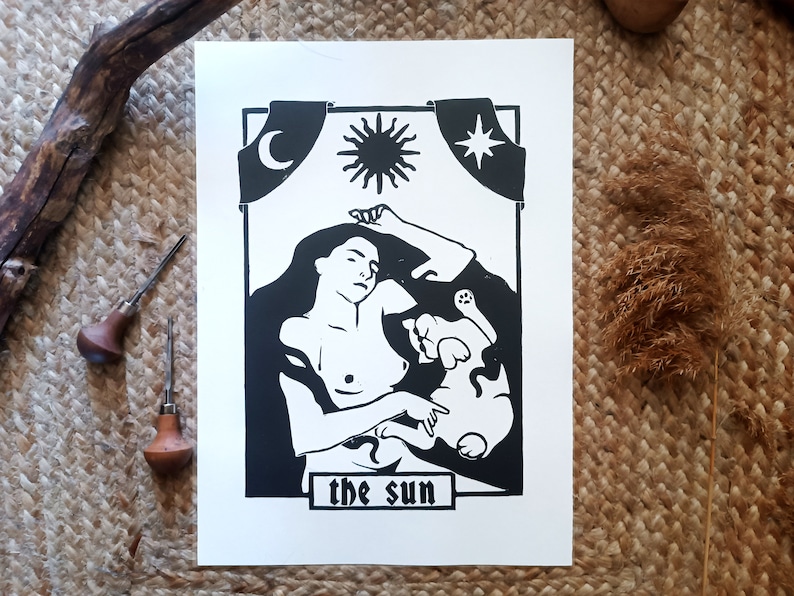 The Sun or 'After the Sabbath', mystical original linocut of woman and cat basking under the sun image 1