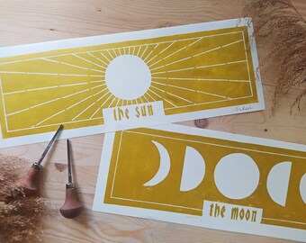 Gold linocut print of the sun and the moon, celestial astrology original linoleum print, moon phases linogravure wall art, witchy lino cut