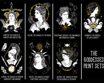 Greek goddess print set, Greek mythology wall art, Hellenic pagan, ancient Greece, goddess symbols, Roman mythology, devine feminine, black