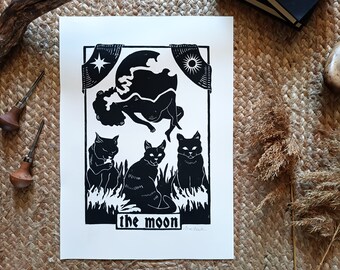 The Moon or " The Sabbath", mystical original linocut print inspired by tarot and featuring a witch levitating in front of a full moon