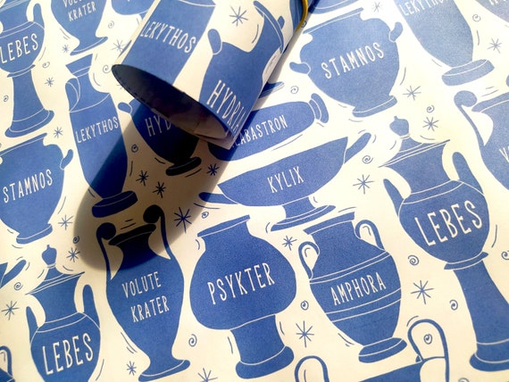 Greek pottery wrapping paper, Greek vase gift paper, Greek mythology gift wrap, ancient Greece, amphora, greek gift,  greek pattern, blue
