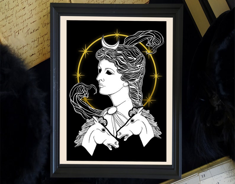 SELENE print, Greek goddess, Greek mythology, ancient Greece, moon goddess, pagan, wiccan decor, altar, witch, black, occult, mystical image 4