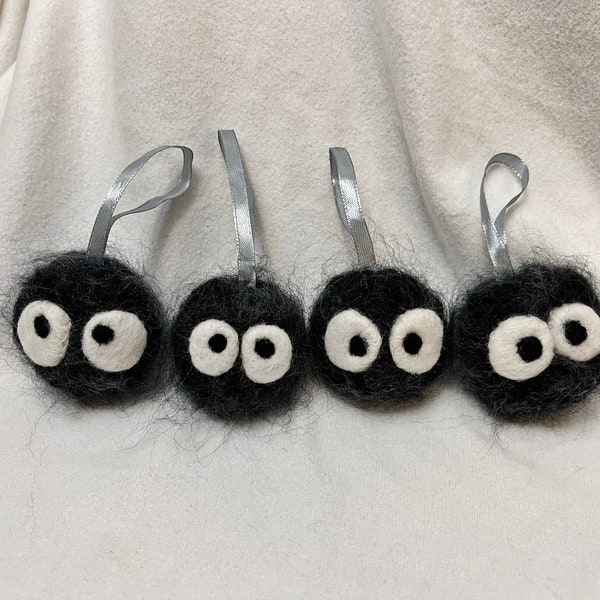 Soot Sprite - Handmade Ghibli Inspired Needlefelted Hanging Wool Ornament - Dust Sprite Anime Fan Collector Holiday Christmas Birthday Gift