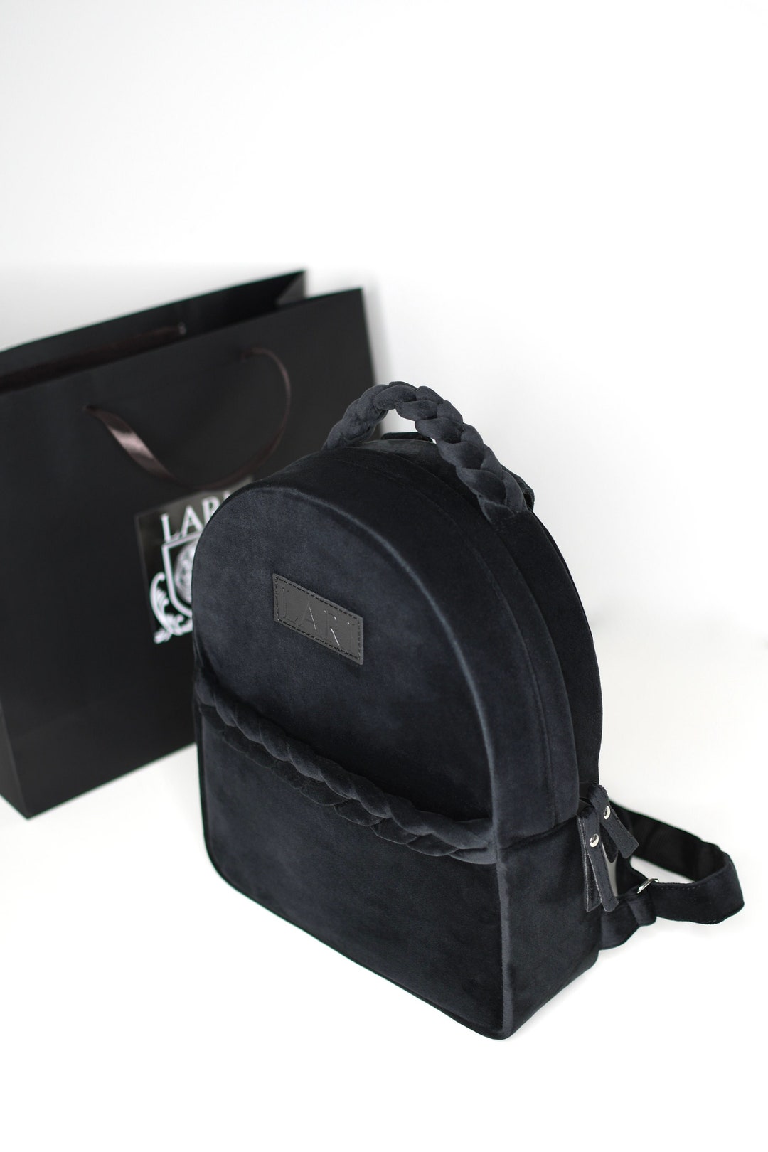 Black Velvet Backpack Braided Handle Small Rucksack Womens Etsy