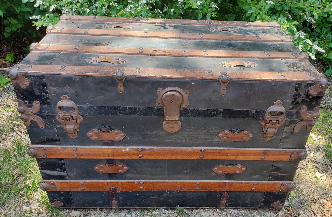 Antique Flat Top Steamer Trunk Storage Chest in Coal Black Etsy