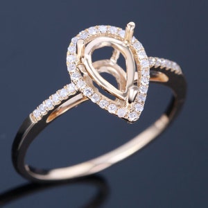 14K Gold Semi mount , Natural Diamond Semi mount ring , Diamond Engagement ring setting ,7x5 MM Pear semi mount,Diamond halo ring