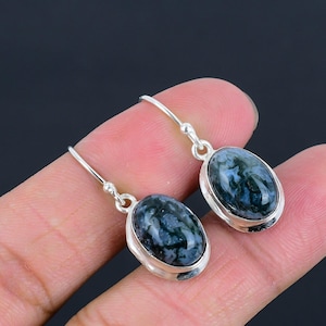 Moss Agate Dangle Earrings Oval Green Sterling Silver Gemstone Earrings Boho Gift for Her Natural Moss agate Stone Jewelry