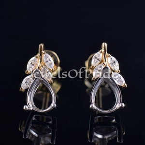 Pear Cut Sterling Silver Earring Semi Mount with Diamond Leaf Accent