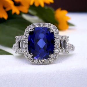 14k gold blue sapphire ring Art deco Sapphire Engagement ring cushion cut blue sapphire ring Anniversary gift
