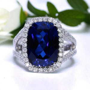 14k gold blue sapphire ring Halo Split shank Sapphire Engagement ring cushion cut blue sapphire ring Anniversary gift