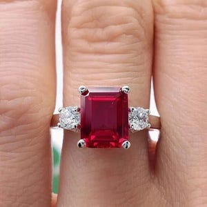 Emerald Cut Lab Ruby Ring: 14k Gold Minimalist Sterling Silver Band