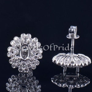 Oval 6x4MM Sterling Silver Earring Semi Mount: Diamond Halo Flower Stud