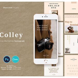 Puede incluir: Un gr&aacute;fico promocional para marketing en Instagram, con un smartphone que muestra una c&aacute;mara y las palabras "New Arrival". El dise&ntilde;o incluye varias plantillas de publicaciones en redes sociales con texto como "A click for your style" y "Be the shutterbug."