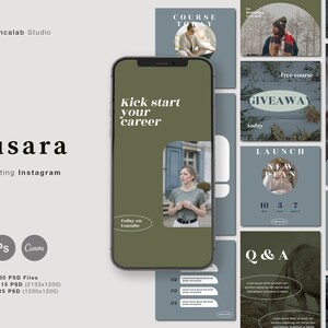 Peut inclure: Ensemble de mod&egrave;les de marketing num&eacute;rique pour Instagram, avec une maquette de smartphone affichant le texte "Kick start your career". Des carr&eacute;s suppl&eacute;mentaires pr&eacute;sentent du contenu tel que "Giveaway", "New Plan" et "Today's Tip". Le design comprend le logo "Tusara" et le texte "Marketing Instagram".