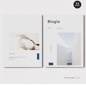 May include: Two white magazine covers with the title "Ringle" and "Architecture Magazine" in black text. One cover features a photo of a person holding a white cloth. The other cover has a minimalist design with the title "Ringle" in blue.