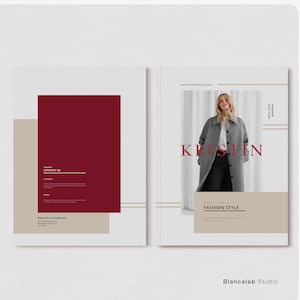Puede incluir: Un lookbook de invierno minimalista titulado "kristin". La portada presenta el nombre en negrita, con una mujer con un abrigo gris. El dise&ntilde;o incluye un bloque burdeos y acentos beige. El lookbook es para Adobe InDesign, tama&ntilde;o A4 y US LETTER.