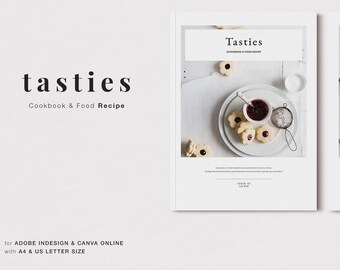 TASTIES Libro de cocina y plantilla de recetas de comida, folleto de comida para Indesign Canva, plantilla digital para fotógrafo, startup, empresa, negocio
