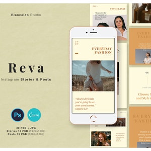 Pu&ograve; includere: Immagine promozionale per le storie e i post di Instagram "Reva", con uno smartphone che mostra contenuti "Everyday Fashion". Il design include vari quadrati a tema moda con testo e immagini e il testo "Blancalab Studio".