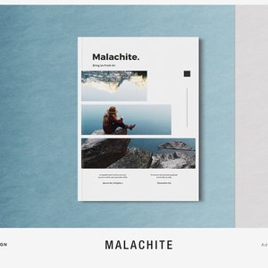 May include: A magazine cover titled "Malachite" with a minimalist design. The cover features three horizontal images of a landscape and a person. The magazine is for Adobe InDesign and is an Adventure Magazine.