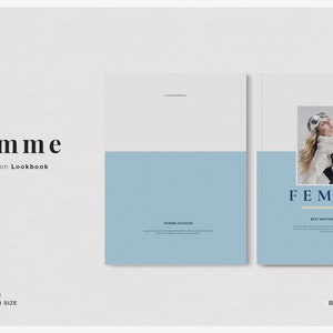 Può includere: Un lookbook di moda intitolato "femme" con un design bianco e azzurro. La copertina presenta una foto di una donna in abiti invernali. La parola "FEMME" è visualizzata in modo prominente.