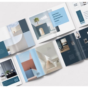 May include: An open layout of architectural design magazines. The magazines feature images of modern interior and exterior designs, with text in a clean, minimalist style. The color palette includes shades of blue, white, and coral.
