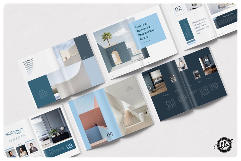 May include: An open layout of architectural design magazines. The magazines feature images of modern interior and exterior designs, with text in a clean, minimalist style. The color palette includes shades of blue, white, and coral.