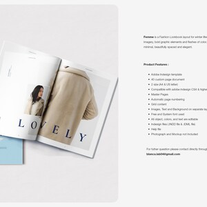 K&ouml;nnte beinhalten: Ein Fashion-Lookbook-Layout mit dem Titel "Femme" mit dem Wort "LOVELY" auf den offenen Seiten. Das Layout zeichnet sich durch ein minimalistisches Design mit kr&auml;ftigen grafischen Elementen und Farbtupfern aus. Das Layout ist f&uuml;r den Winter-Lifestyle.