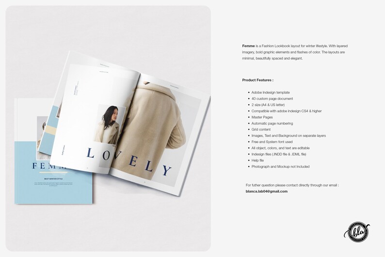 K&ouml;nnte beinhalten: Ein Fashion-Lookbook-Layout mit dem Titel "Femme" mit dem Wort "LOVELY" auf den offenen Seiten. Das Layout zeichnet sich durch ein minimalistisches Design mit kr&auml;ftigen grafischen Elementen und Farbtupfern aus. Das Layout ist f&uuml;r den Winter-Lifestyle.
