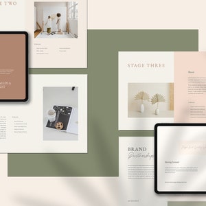 Puede incluir: Presentaci&oacute;n digital de un kit de medios en tonos neutros. La presentaci&oacute;n incluye una tableta que muestra el logotipo "ATVIA Studio" y el texto "Media Kit". Otras p&aacute;ginas muestran conceptos de dise&ntilde;o, asociaciones de marca y fotos de productos.