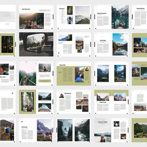 May include: A spread of pages from a travel magazine featuring articles on hiking, waterfalls, and outdoor adventures. The pages have a clean, modern design with images and text. The color palette includes green, white, and black.
