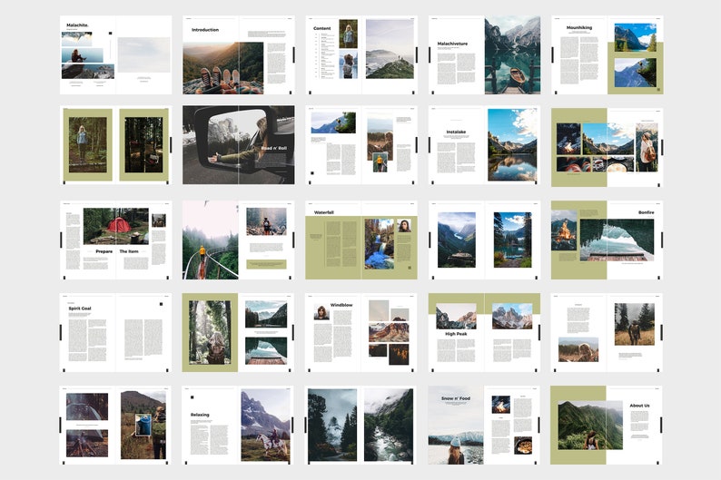 May include: A spread of pages from a travel magazine featuring articles on hiking, waterfalls, and outdoor adventures. The pages have a clean, modern design with images and text. The color palette includes green, white, and black.