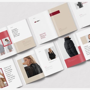 Puede incluir: Una extensi&oacute;n de revistas abiertas con fotograf&iacute;a de moda y texto. Las p&aacute;ginas muestran im&aacute;genes de ropa y citas sobre estilo. Las palabras "WINTER ANNUAL STYLE" son visibles. La revista tiene un dise&ntilde;o moderno con acentos rojos y beige.