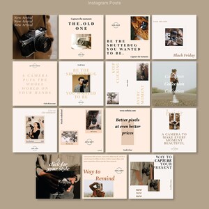 Puede incluir: Plantillas de publicaciones de Instagram con una paleta de colores beige y marr&oacute;n. Las publicaciones presentan c&aacute;maras vintage, superposiciones de texto y frases como "Nueva llegada" y "Black Friday".