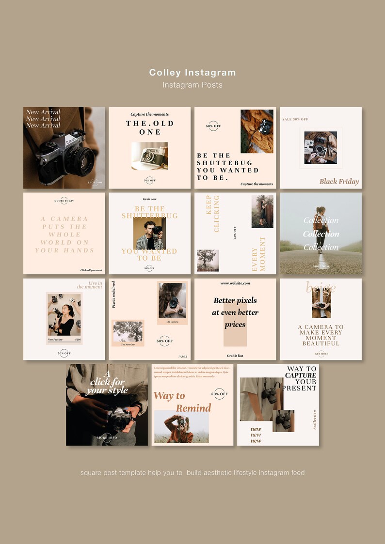 Puede incluir: Plantillas de publicaciones de Instagram con una paleta de colores beige y marr&oacute;n. Las publicaciones presentan c&aacute;maras vintage, superposiciones de texto y frases como "Nueva llegada" y "Black Friday".
