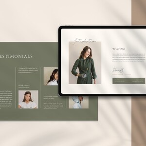 Puede incluir: Una presentaci&oacute;n de marketing digital en una tableta y un folleto. La tableta muestra una p&aacute;gina de introducci&oacute;n con una foto de una mujer con un mono verde. El folleto presenta testimonios y fotos de mujeres.