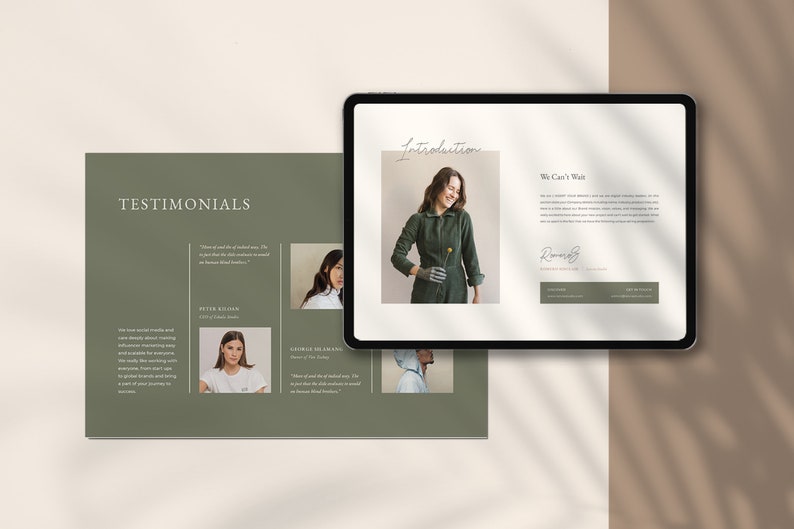 Puede incluir: Una presentaci&oacute;n de marketing digital en una tableta y un folleto. La tableta muestra una p&aacute;gina de introducci&oacute;n con una foto de una mujer con un mono verde. El folleto presenta testimonios y fotos de mujeres.