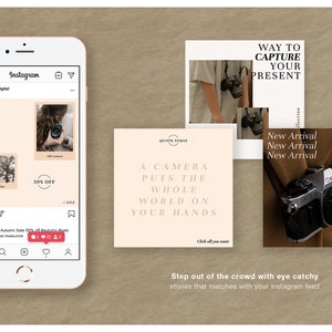 Puede incluir: Maquetas de feed de Instagram con un tel&eacute;fono y varias im&aacute;genes cuadradas. Las im&aacute;genes presentan una c&aacute;mara, el texto "A camera puts the whole world on your hands" y el texto "New Arrival". El tel&eacute;fono muestra una publicaci&oacute;n con el texto "50% OFF".