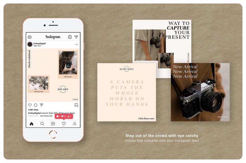 Puede incluir: Maquetas de feed de Instagram con un tel&eacute;fono y varias im&aacute;genes cuadradas. Las im&aacute;genes presentan una c&aacute;mara, el texto "A camera puts the whole world on your hands" y el texto "New Arrival". El tel&eacute;fono muestra una publicaci&oacute;n con el texto "50% OFF".