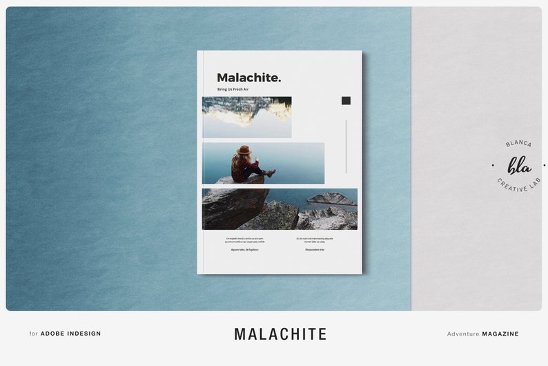 May include: A magazine cover titled "Malachite" with a minimalist design. The cover features three horizontal images of a landscape and a person. The magazine is for Adobe InDesign and is an Adventure Magazine.