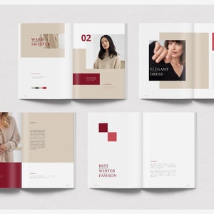 Puede incluir: Una revista de moda con im&aacute;genes de ropa de mujer. Las p&aacute;ginas tienen una combinaci&oacute;n de colores beige y burdeos con texto que dice "Warm Sweeter", "Elegant Dress" y "Best Winter Fashion". La revista tiene un dise&ntilde;o minimalista.