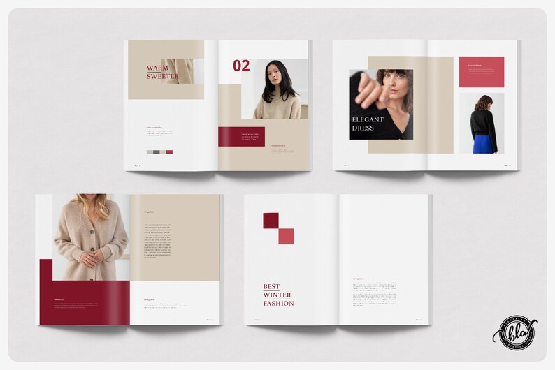 Puede incluir: Una revista de moda con im&aacute;genes de ropa de mujer. Las p&aacute;ginas tienen una combinaci&oacute;n de colores beige y burdeos con texto que dice "Warm Sweeter", "Elegant Dress" y "Best Winter Fashion". La revista tiene un dise&ntilde;o minimalista.
